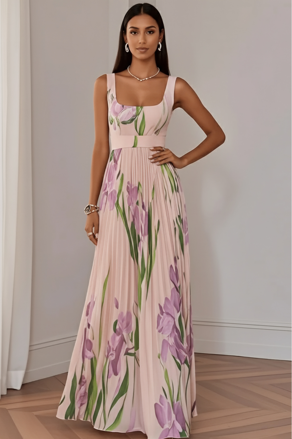 Elegant Sleeveless Floral Pleated Maxi Dress – Square Neck Evening Silhouette