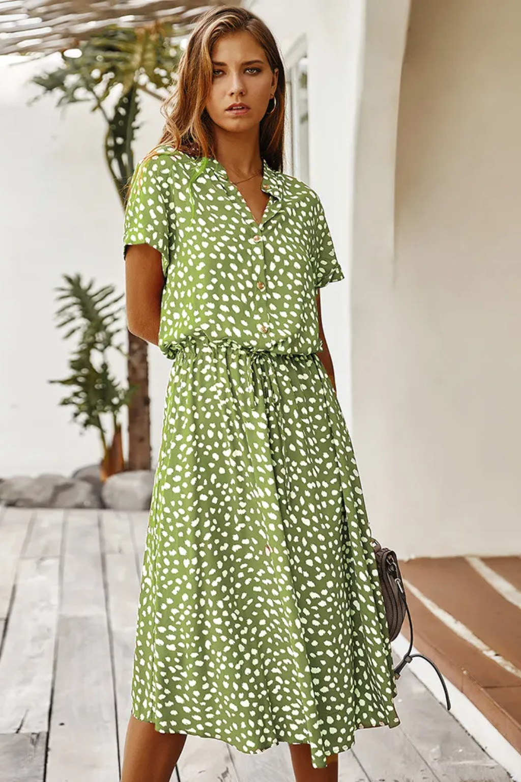 Chic Printed Midi Dress – Short-Sleeve Button-Front Summer Style