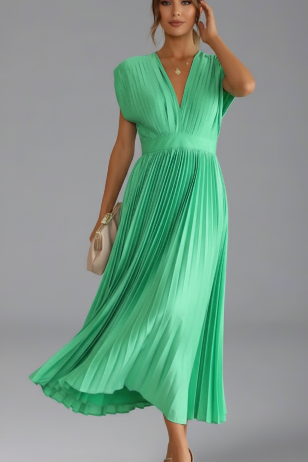 Pleated Deep V-Neck Midi Dress – Elegant Occasion Dress