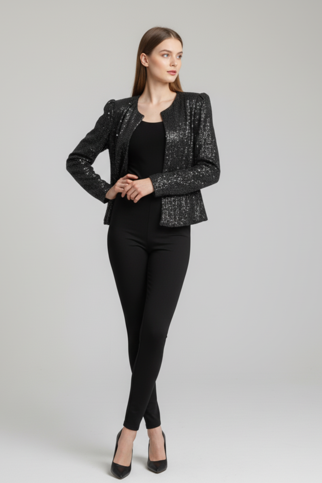 Refined Shimmer Jacket – Tailored Shoulders & Timeless Open-Front Cut