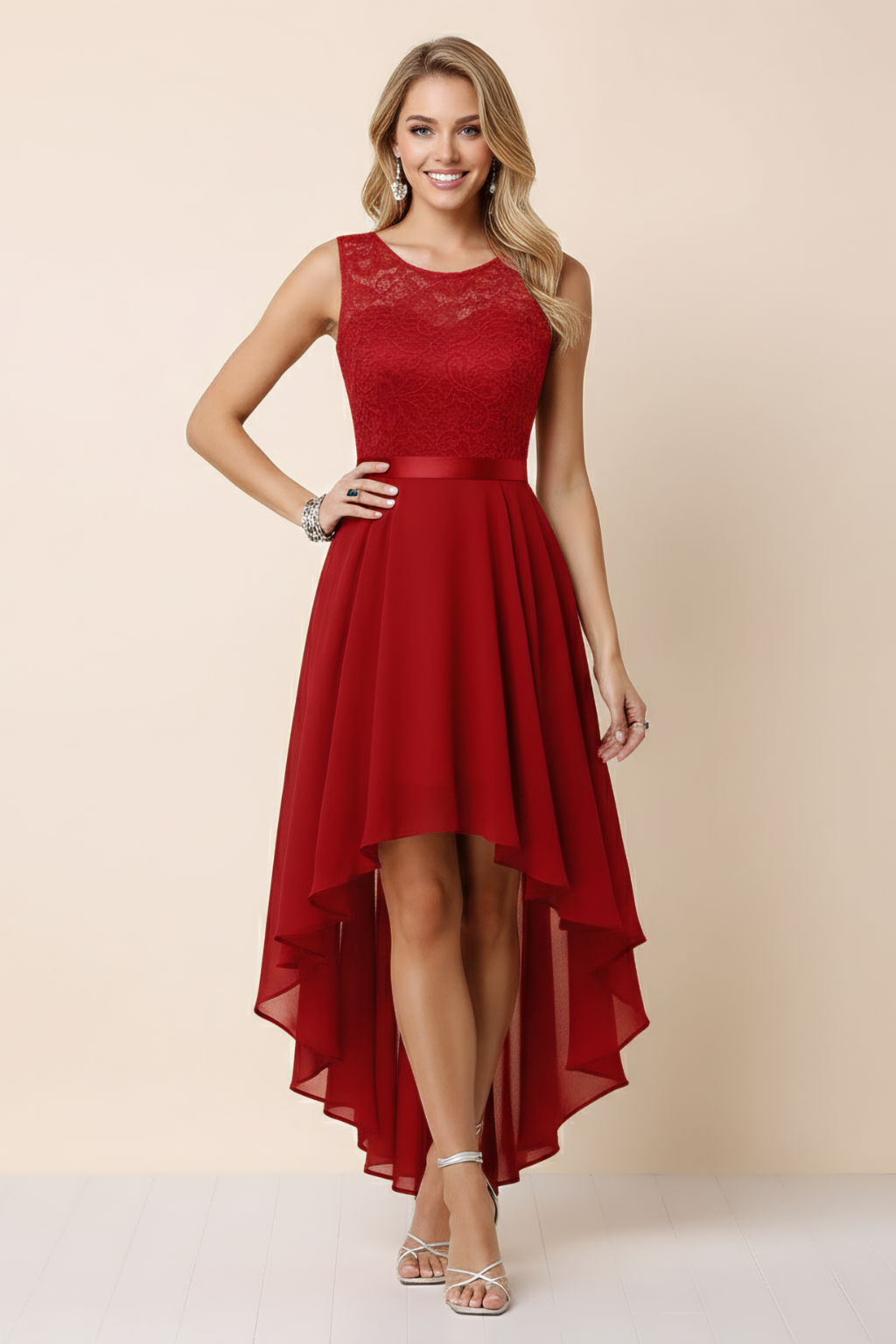 High-Low Evening Dress – Lace Bodice & Flowing Asymmetrical Silhouette