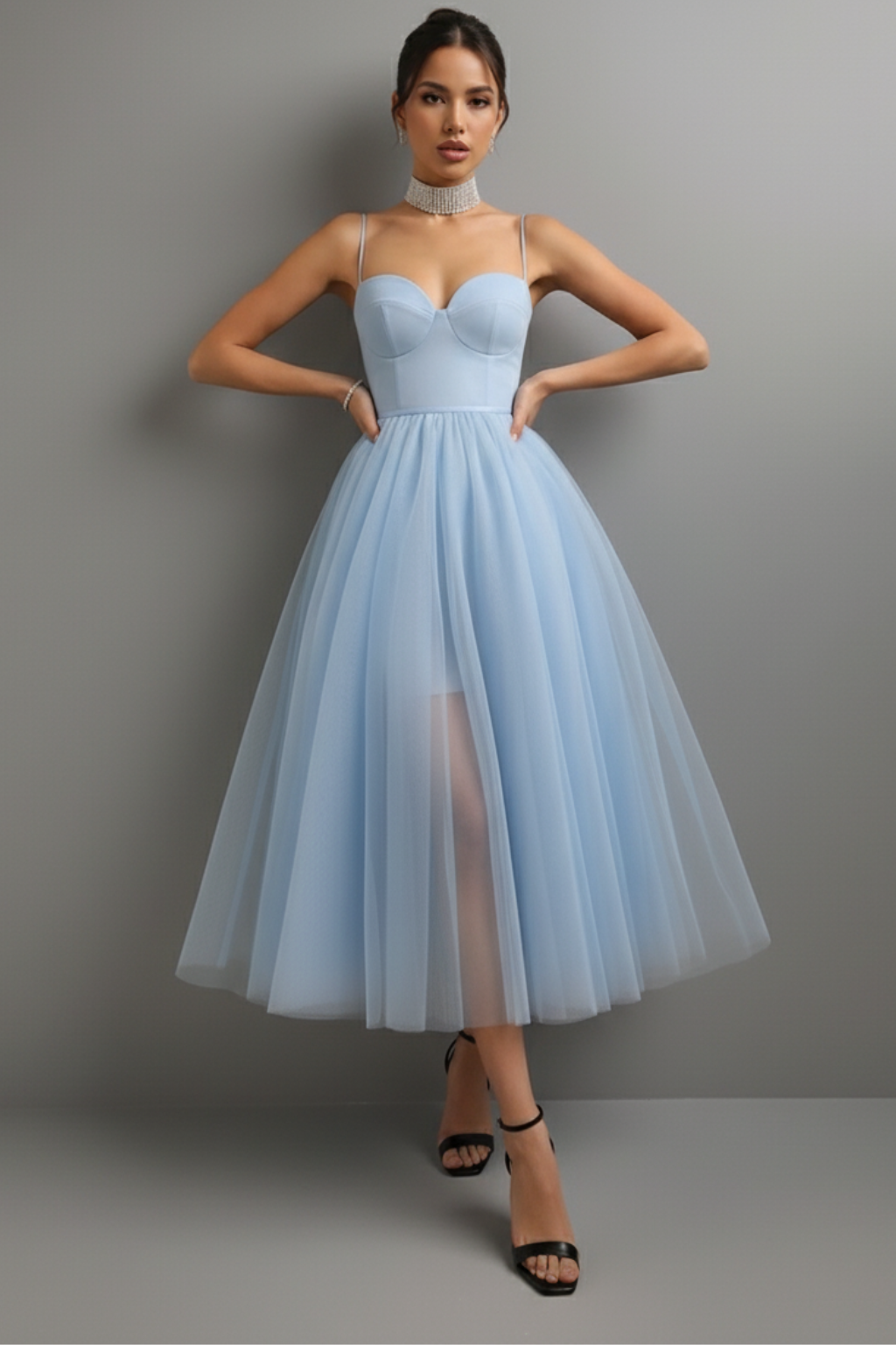 Graceful Corset-Bodice Midi Dress – Spaghetti Straps & Tulle Overlay