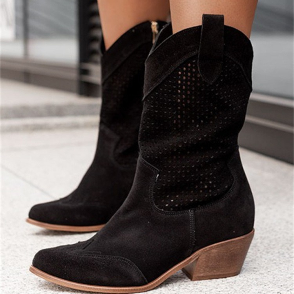 Breathable Western Cowboy Boots – Perforated Design with Block Heel