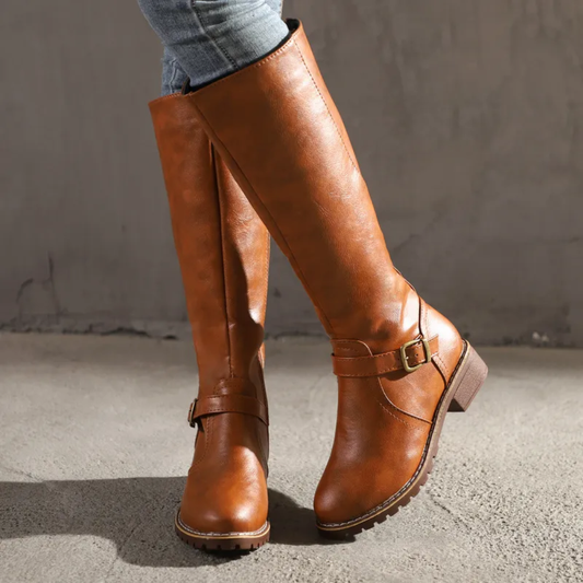 Women’s Knee-High Buckle Boots – Classic Style with Low Heel
