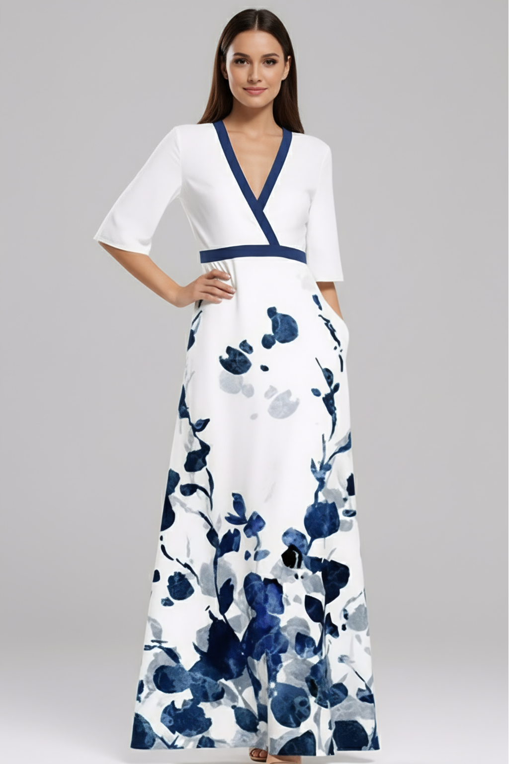 Elegant Floral Print Maxi Dress – Wrap V-Neck Evening Silhouette