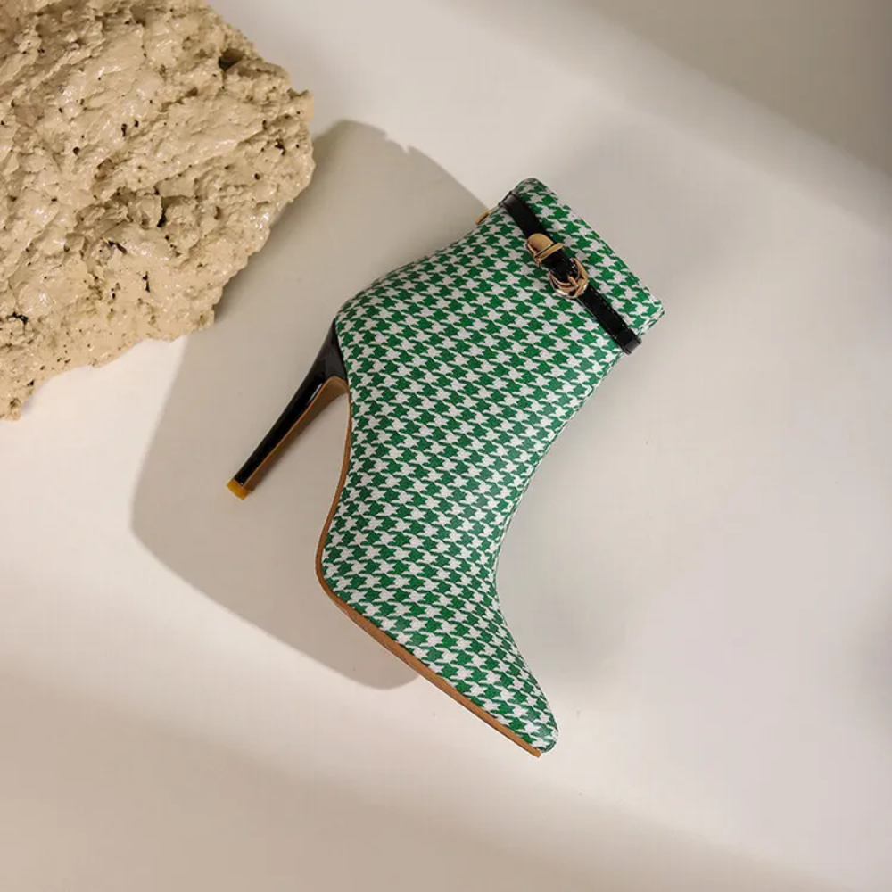 Women's Houndstooth Ankle Boots – Pointed Toe Stiletto with Gold Buckle