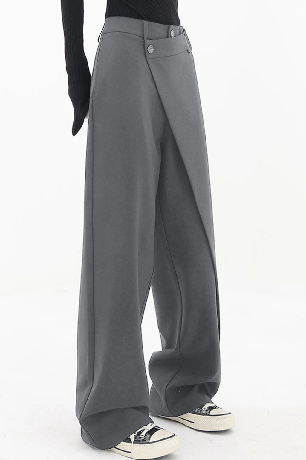 Modern Wide-Leg Pants – Asymmetric Waist Detail & Relaxed Silhouette