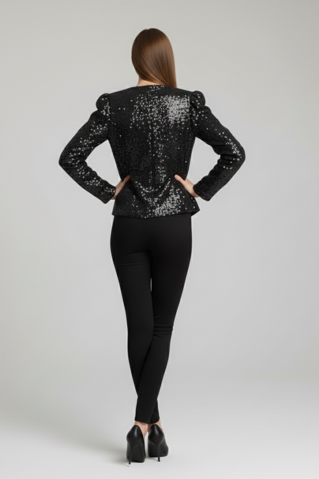 Refined Shimmer Jacket – Tailored Shoulders & Timeless Open-Front Cut