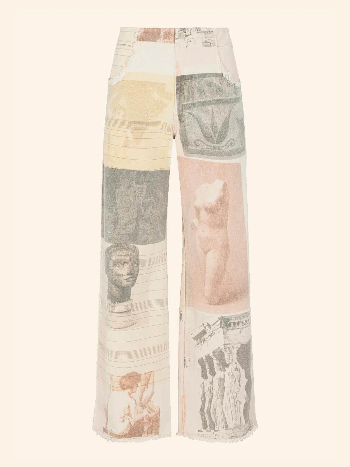 Women's Wide Leg Pants – Classical Art Print & Frayed Pocket Detail