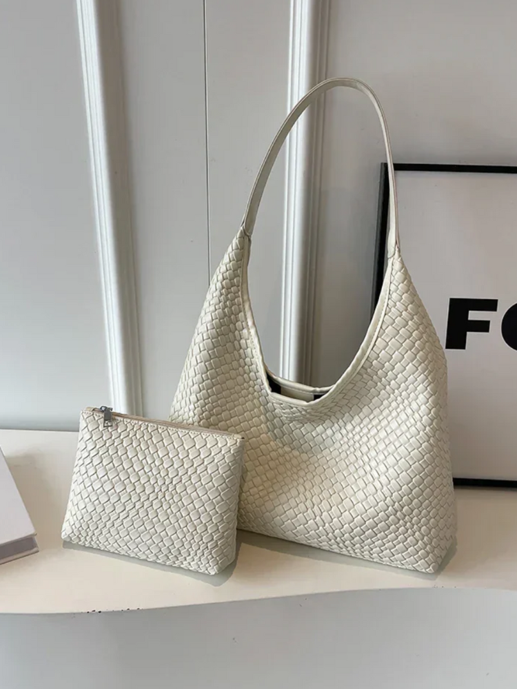 Woven Leather Shoulder Bag with Inner Pouch – Chic & Spacious