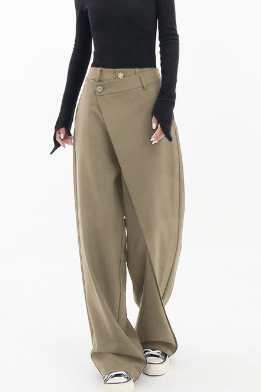 Modern Wide-Leg Pants – Asymmetric Waist Detail & Relaxed Silhouette