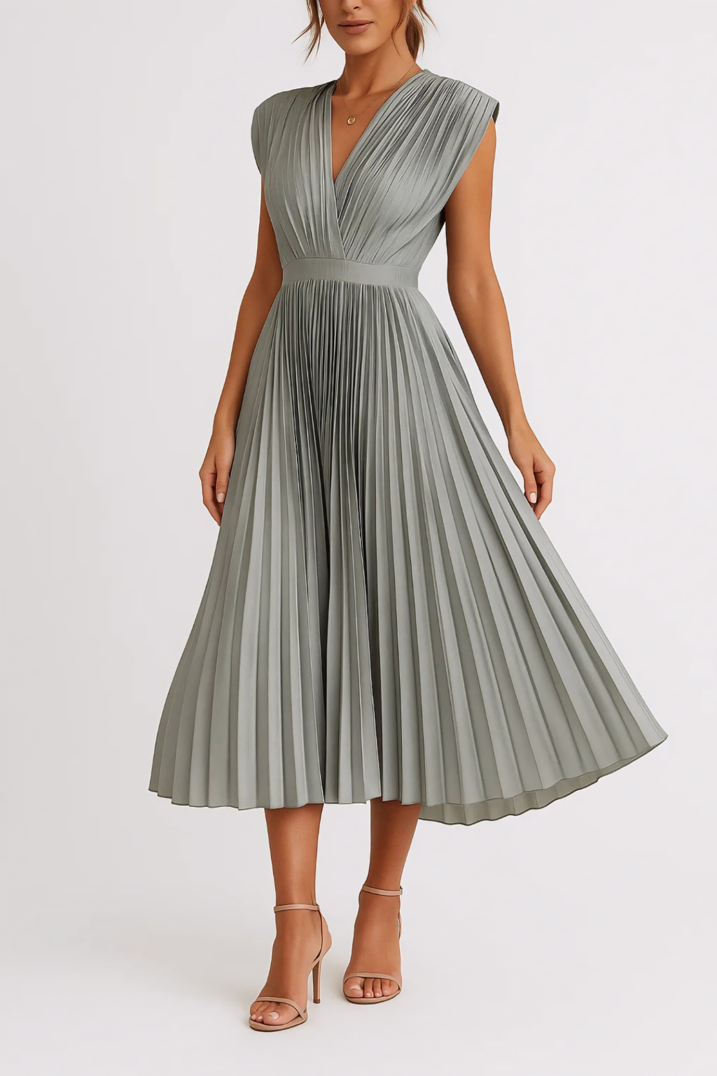 Pleated Deep V-Neck Midi Dress – Elegant Occasion Dress