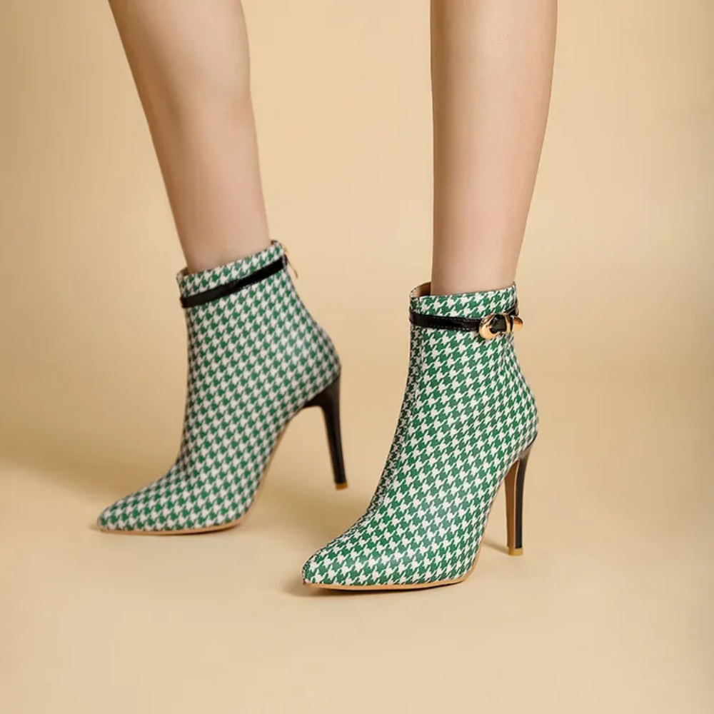 Women's Houndstooth Ankle Boots – Pointed Toe Stiletto with Gold Buckle