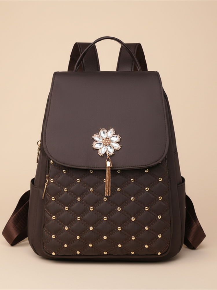 Chic Quilted Purse Backpack – Korean-Inspired Women’s Bag with Pearl Flower Accent