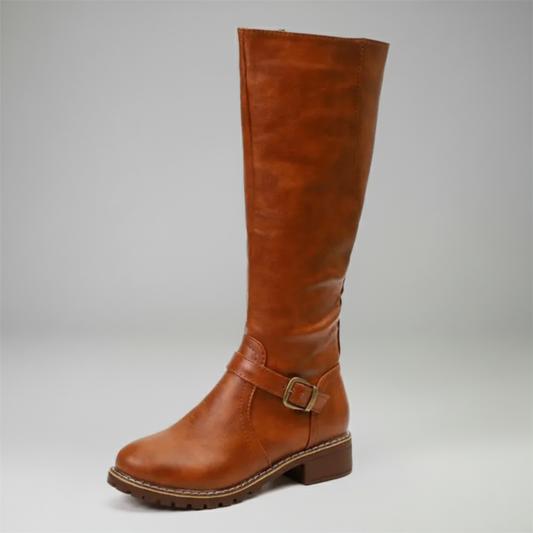 Women’s Knee-High Buckle Boots – Classic Style with Low Heel
