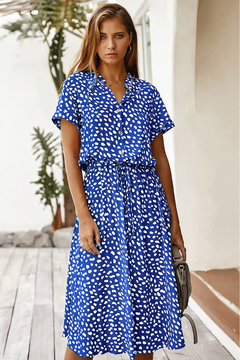 Chic Printed Midi Dress – Short-Sleeve Button-Front Summer Style