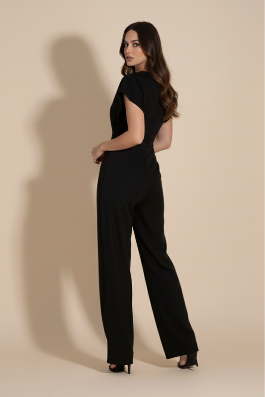 Chic Wide-Leg Jumpsuit – Tailored Waist & Draped V-Neck Silhouette