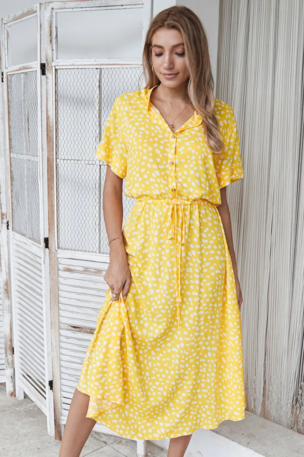 Chic Printed Midi Dress – Short-Sleeve Button-Front Summer Style