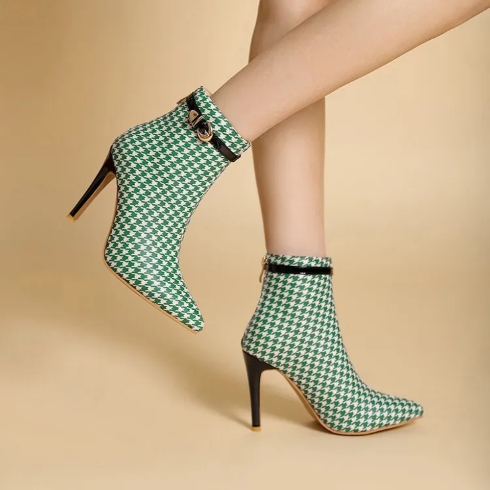 Women's Houndstooth Ankle Boots – Pointed Toe Stiletto with Gold Buckle