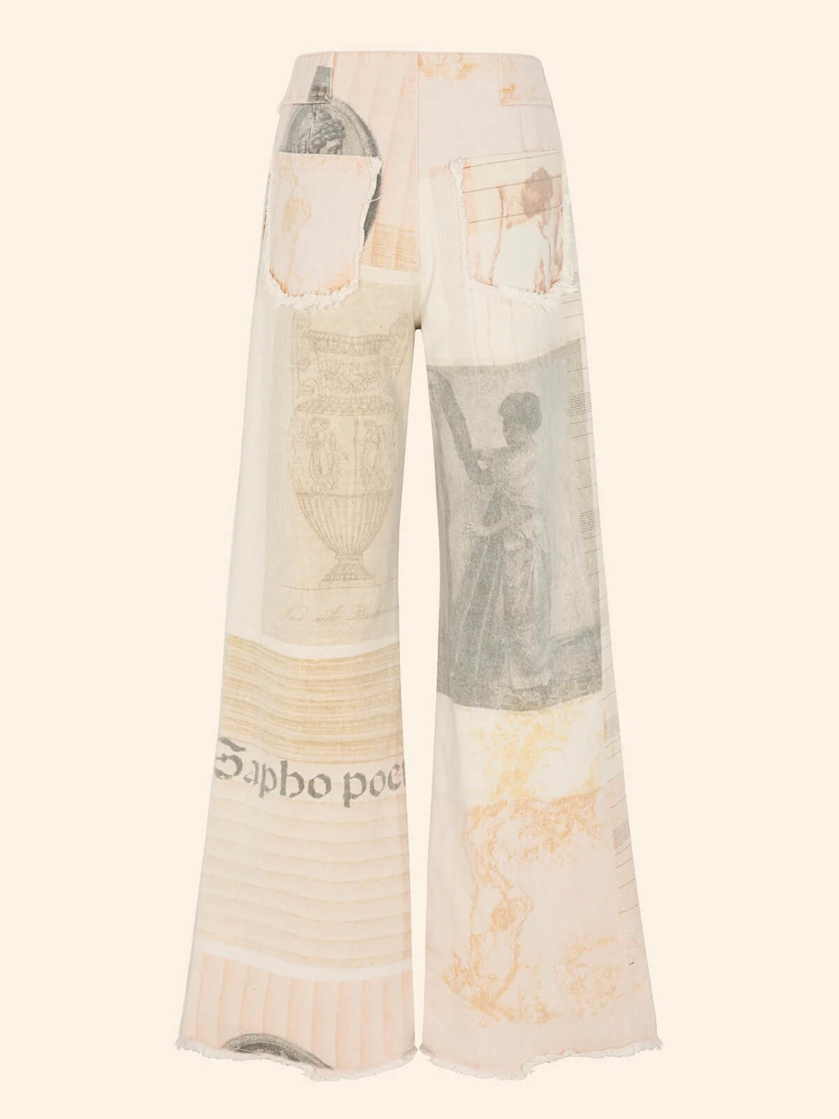 Women's Wide Leg Pants – Classical Art Print & Frayed Pocket Detail