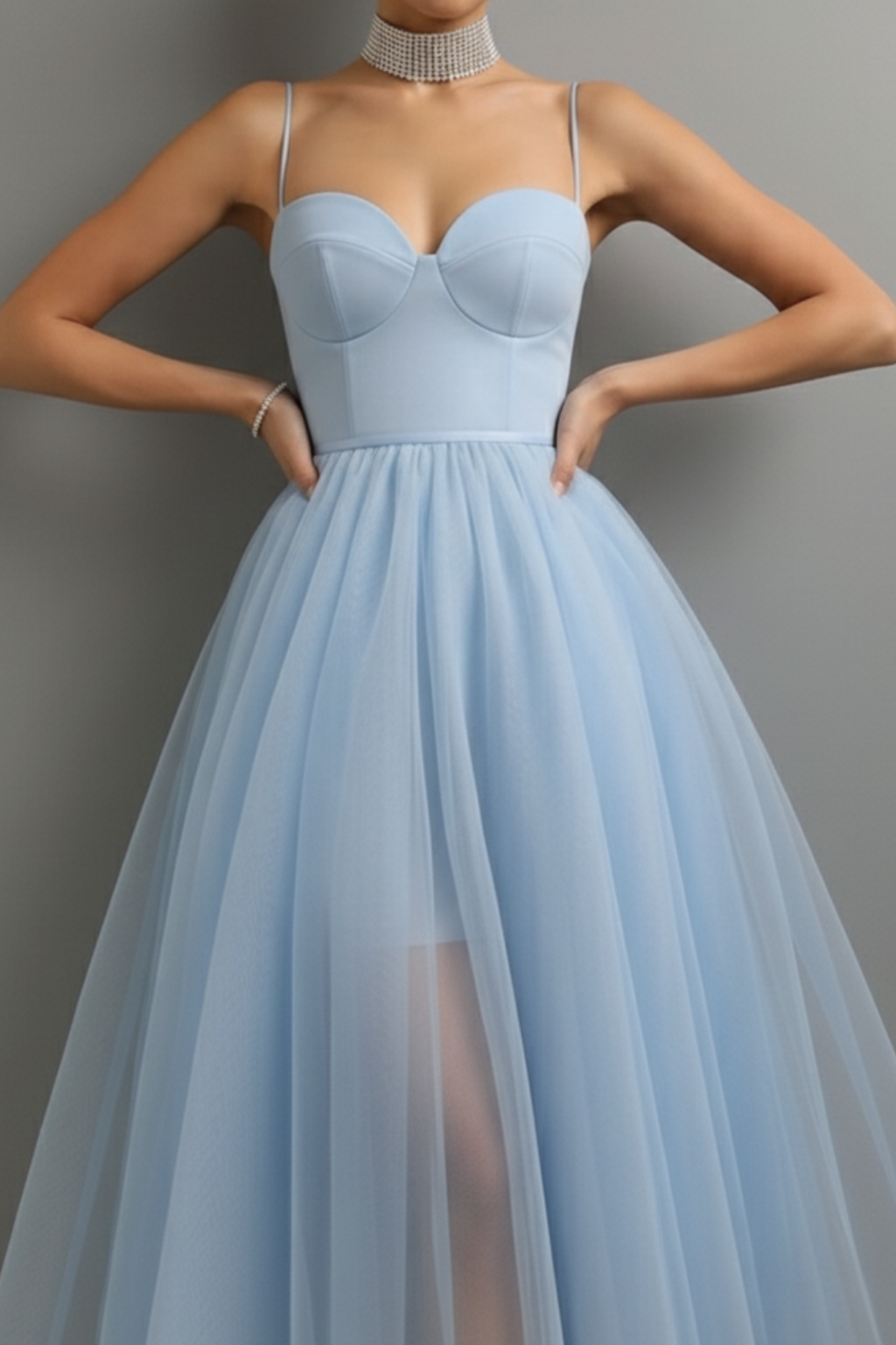 Graceful Corset-Bodice Midi Dress – Spaghetti Straps & Tulle Overlay