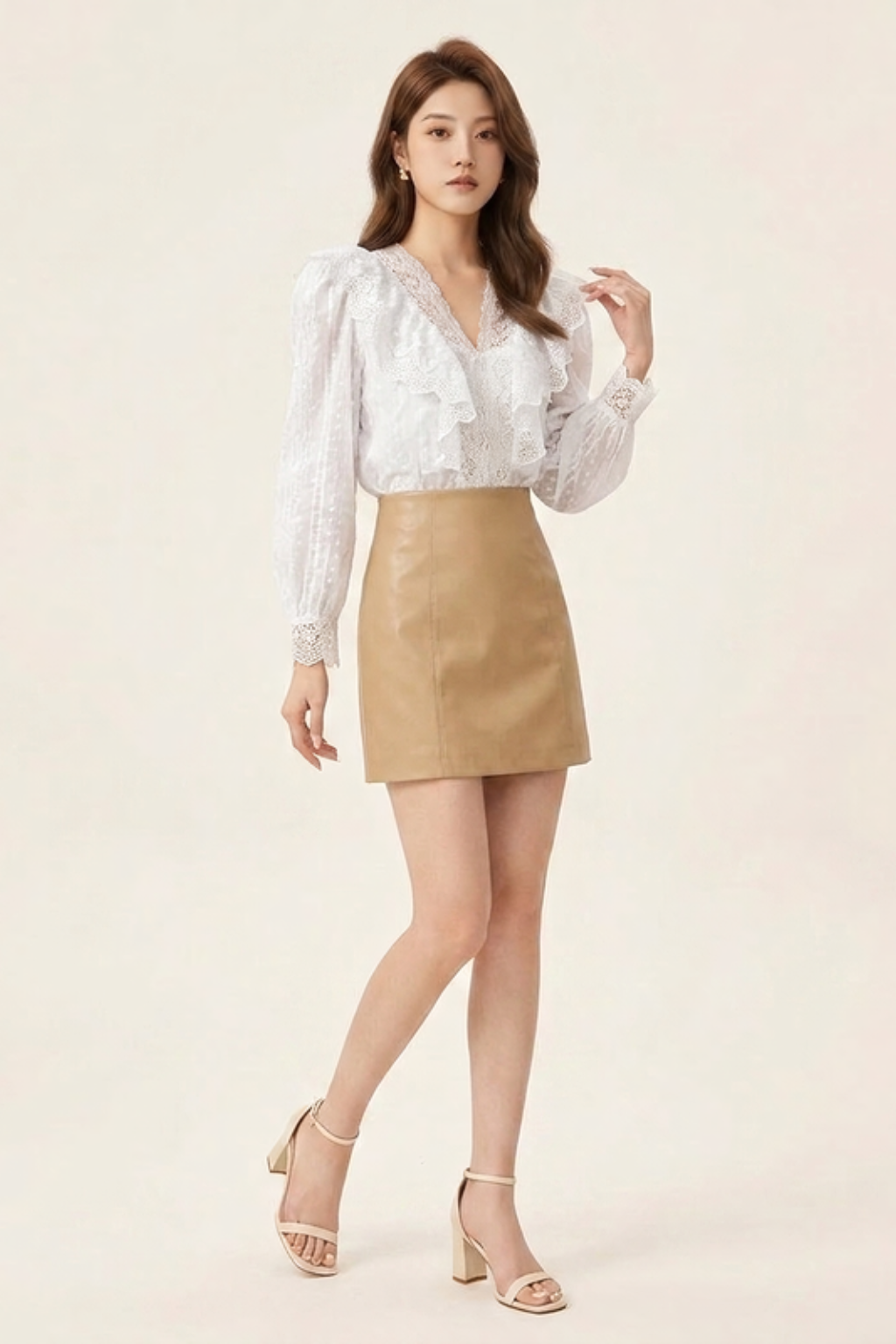 Elegant Women's Lace Ruffle Blouse – V-Neck with Puff Sleeves