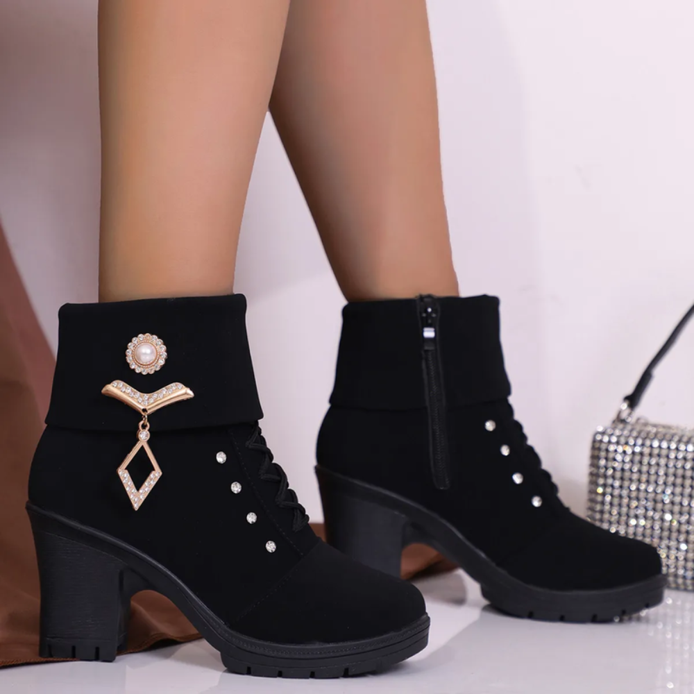 Women's Ankle Boots – Block Heel with Pearl & Crystal Charm Detail