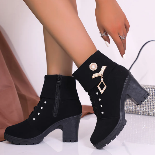 Women's Ankle Boots – Block Heel with Pearl & Crystal Charm Detail