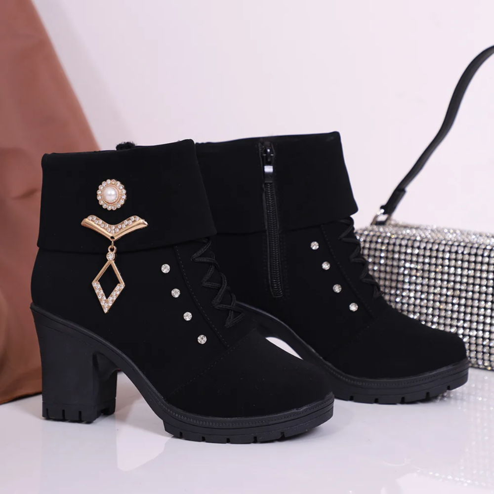 Women's Ankle Boots – Block Heel with Pearl & Crystal Charm Detail