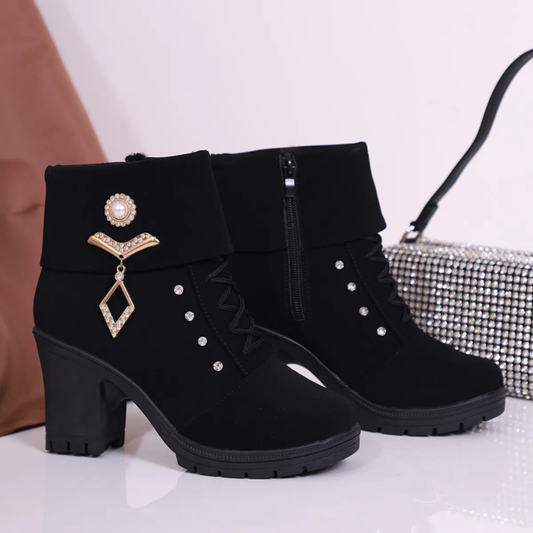 Women's Ankle Boots – Block Heel with Pearl & Crystal Charm Detail