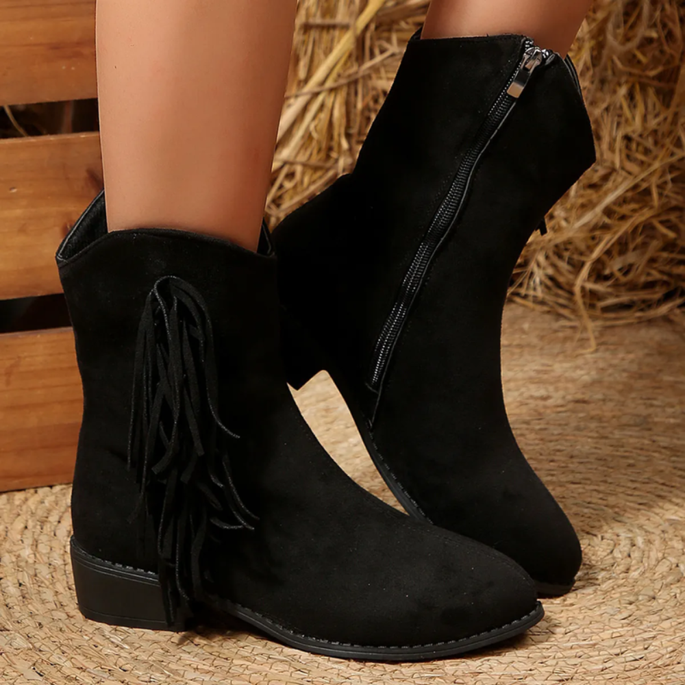 Women's Western Fringe Ankle Boots – Block Heel & Side Zip Detail
