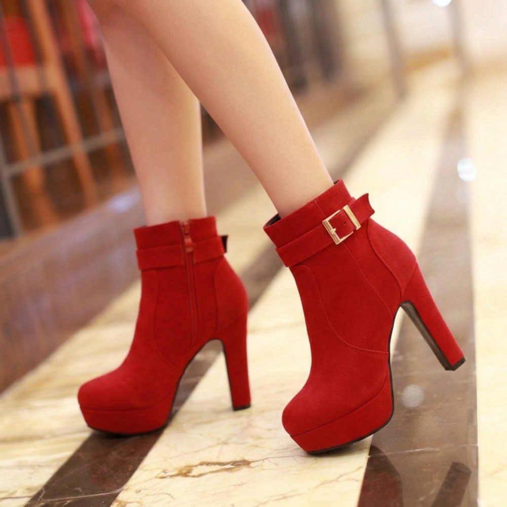 Women's Platform Ankle Boots – Block Heel & Gold Buckle Detail