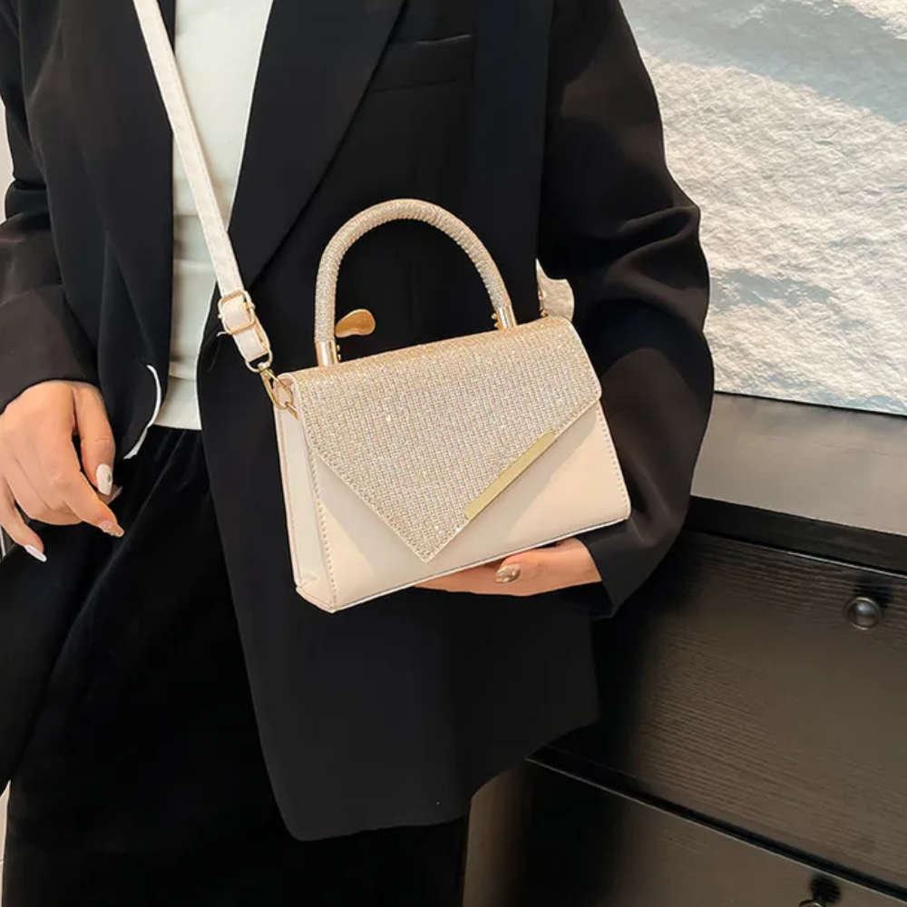 Women's Glitter Envelope Top Handle Bag – Rhinestone Handle & Gold Hardware
