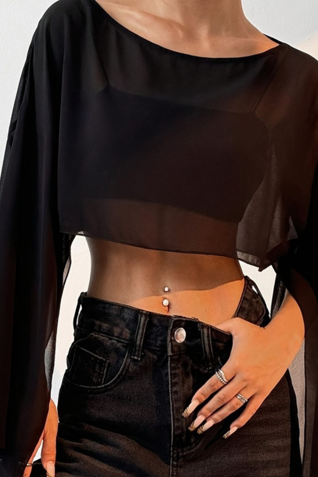 Women's Sheer Crop Top – Asymmetric Neckline & Dramatic Flare Sleeves