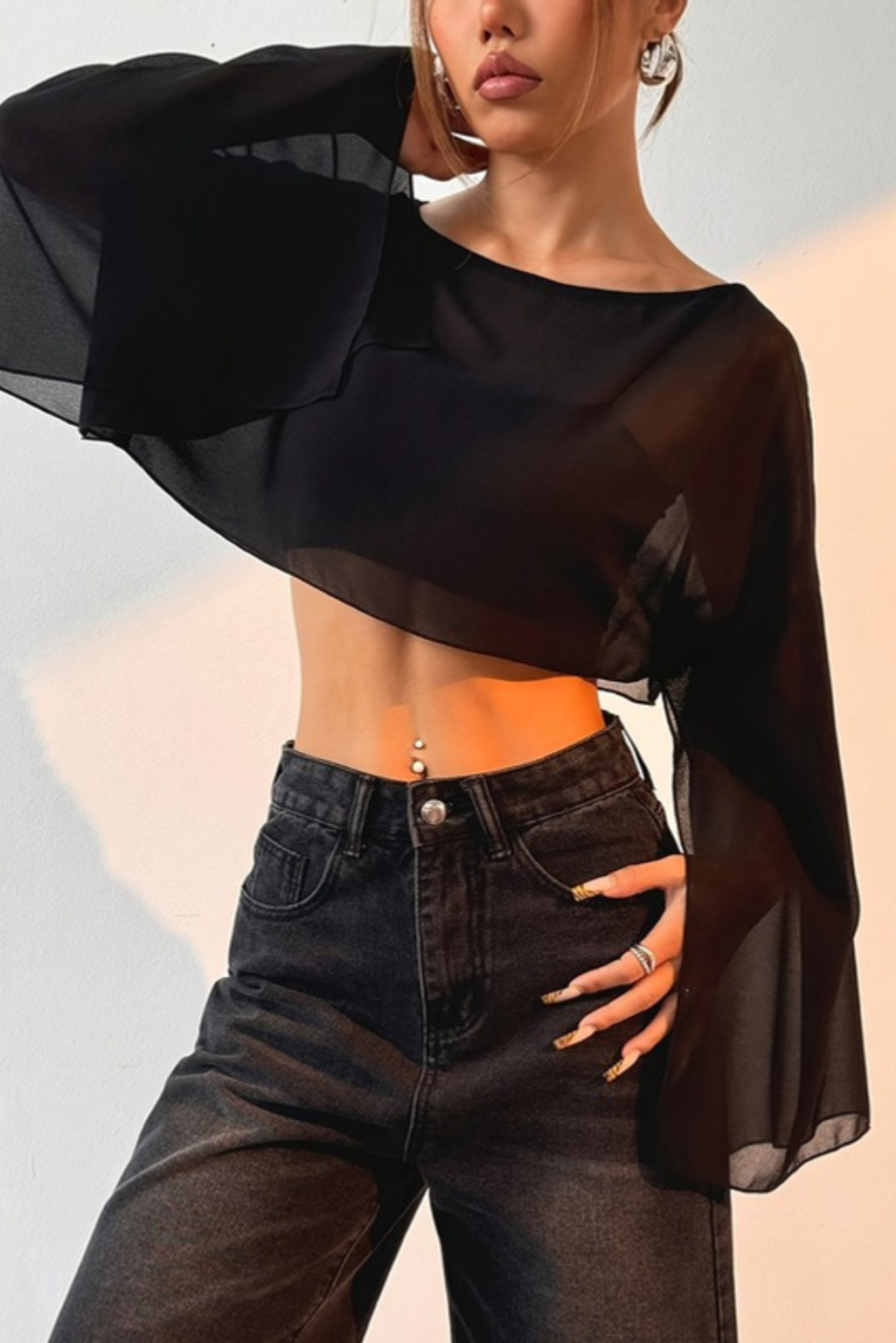 Women's Sheer Crop Top – Asymmetric Neckline & Dramatic Flare Sleeves