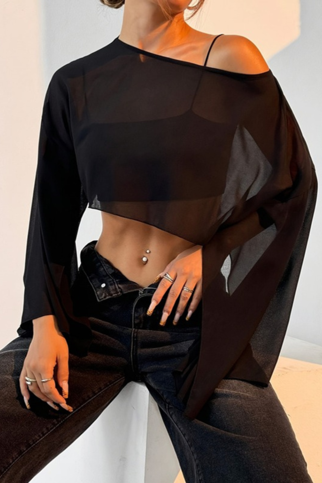 Women's Sheer Crop Top – Asymmetric Neckline & Dramatic Flare Sleeves