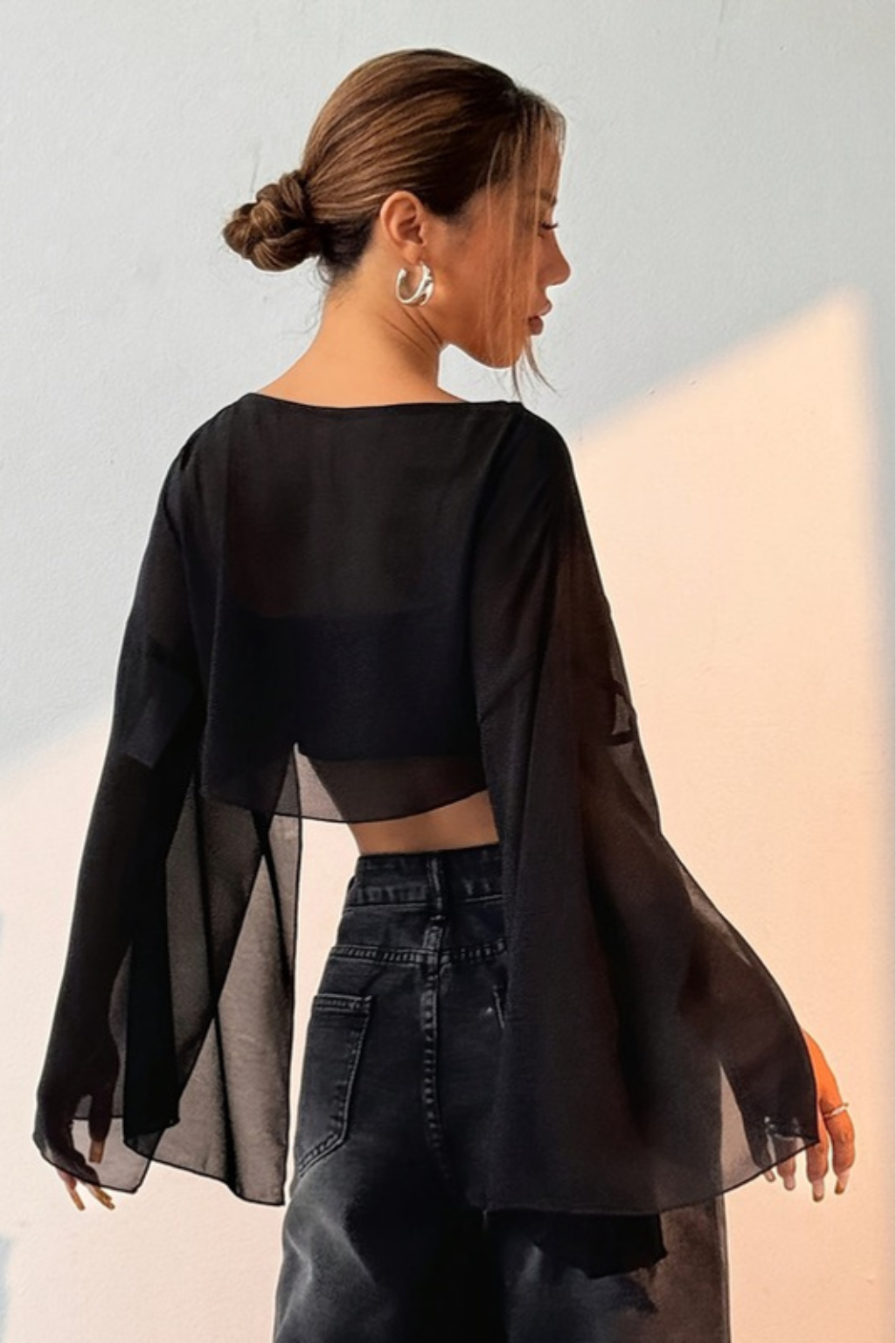 Women's Sheer Crop Top – Asymmetric Neckline & Dramatic Flare Sleeves