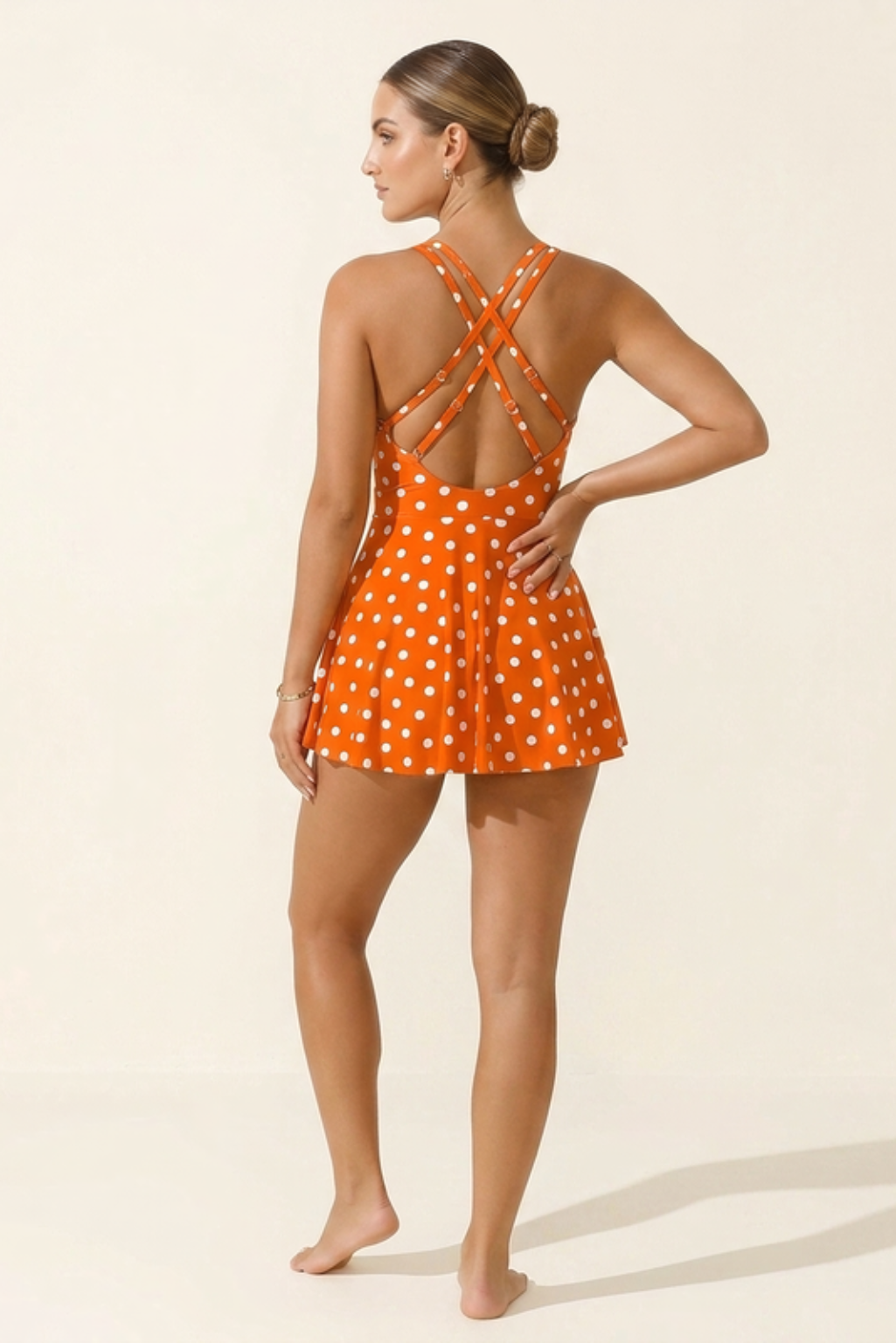 Women's Polka Dot Swim Dress – V-Neck One-Piece with Cross-Back Detail