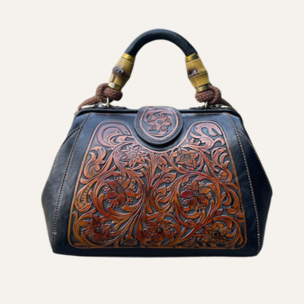 Women's Floral Tooled Top Handle Bag – Structured Doctor Bag with Bamboo Detail