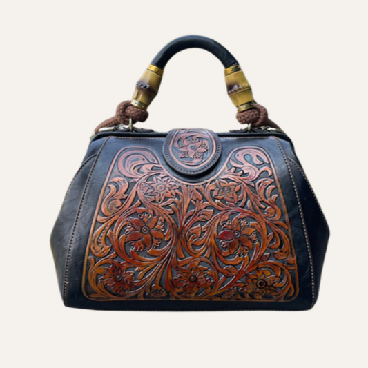 Women's Floral Tooled Top Handle Bag – Structured Doctor Bag with Bamboo Detail