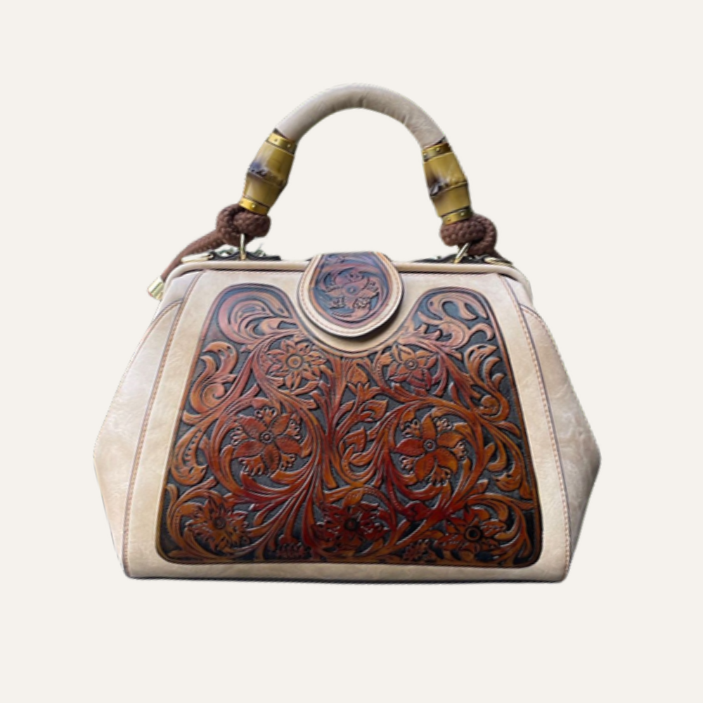 Women's Floral Tooled Top Handle Bag – Structured Doctor Bag with Bamboo Detail