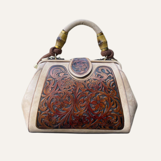 Women's Floral Tooled Top Handle Bag – Structured Doctor Bag with Bamboo Detail