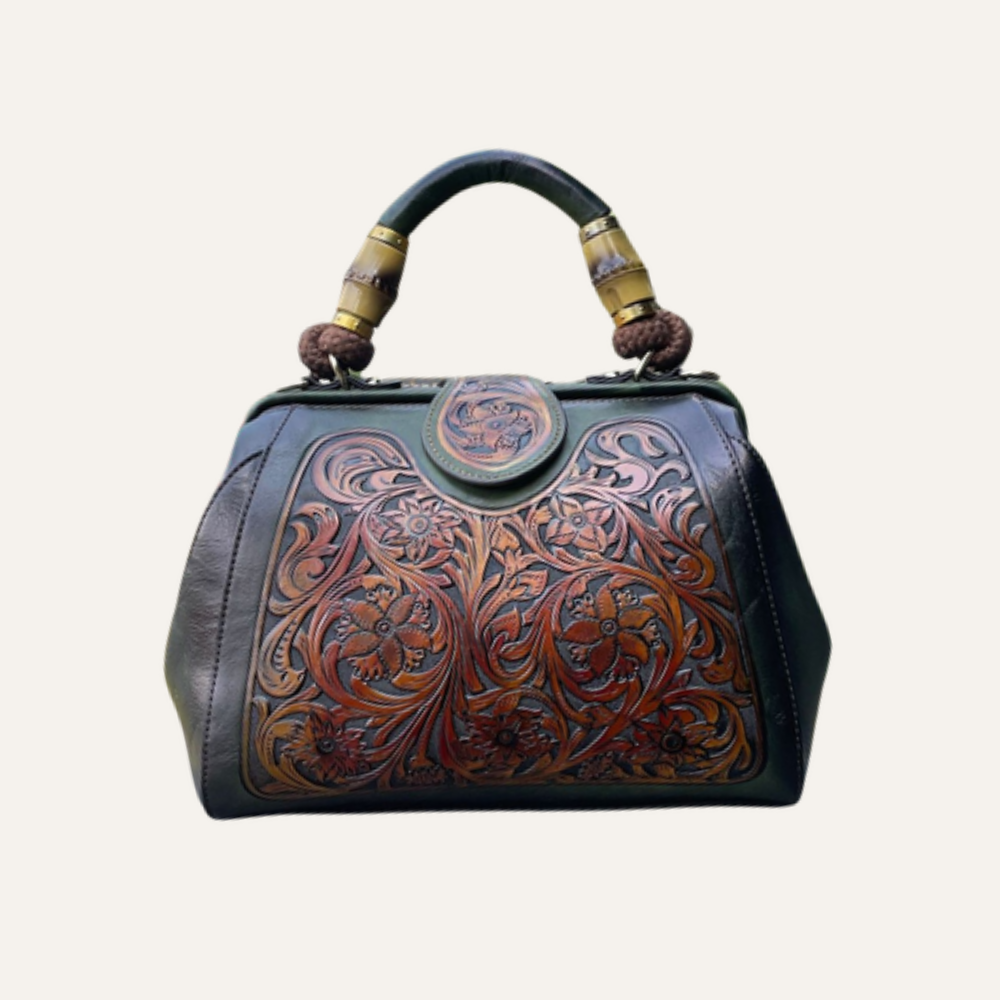 Women's Floral Tooled Top Handle Bag – Structured Doctor Bag with Bamboo Detail