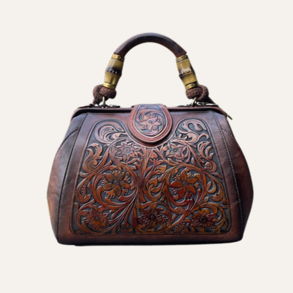Women's Floral Tooled Top Handle Bag – Structured Doctor Bag with Bamboo Detail