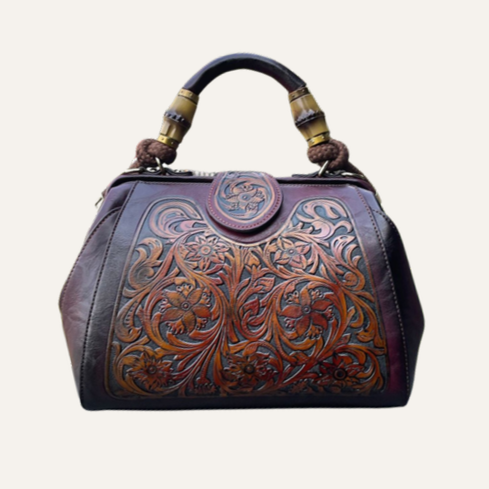 Women's Floral Tooled Top Handle Bag – Structured Doctor Bag with Bamboo Detail
