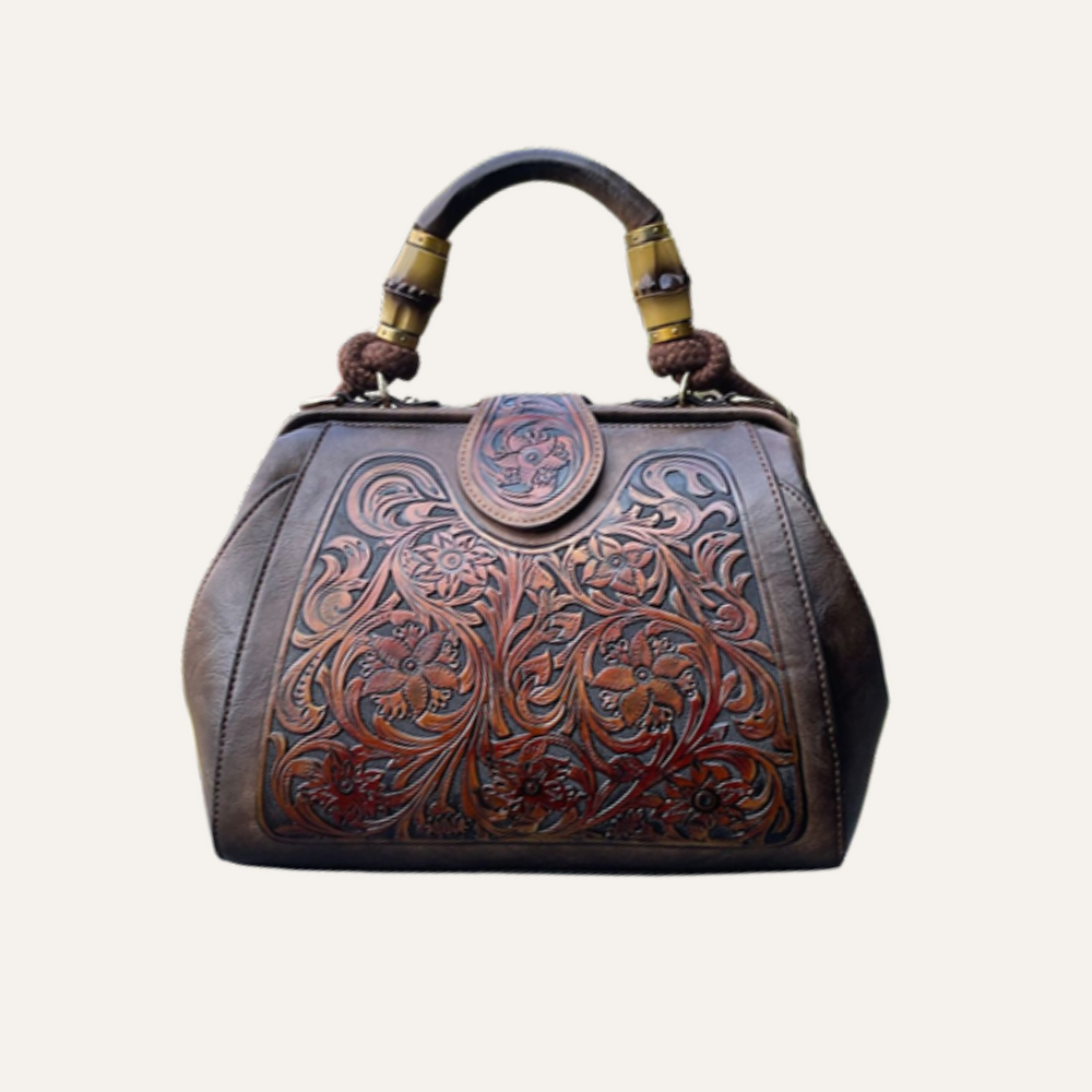 Women's Floral Tooled Top Handle Bag – Structured Doctor Bag with Bamboo Detail