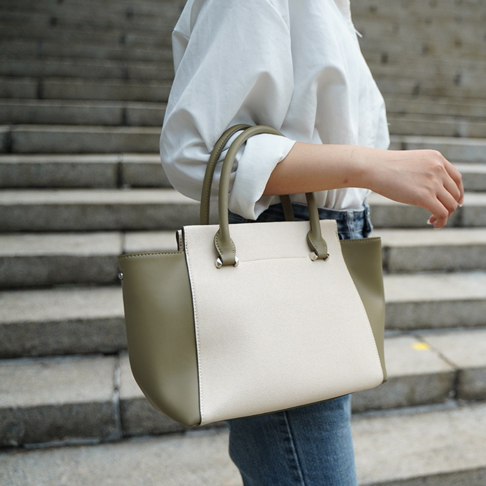 Women's Canvas & Leather Tote Bag – Winged Silhouette with Dual Top Handles