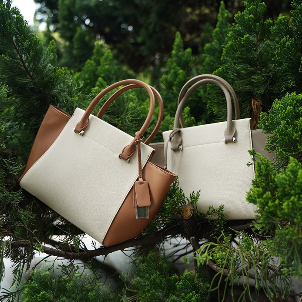 Women's Canvas & Leather Tote Bag – Winged Silhouette with Dual Top Handles