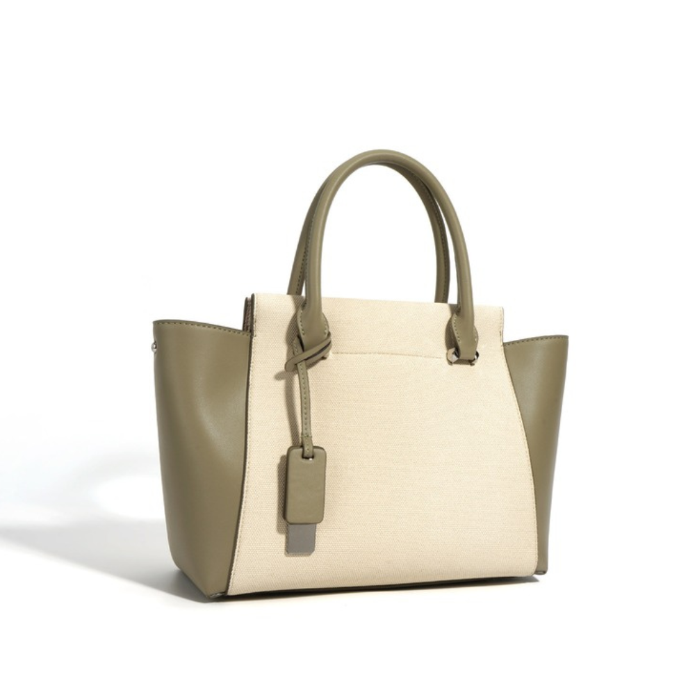 Women's Canvas & Leather Tote Bag – Winged Silhouette with Dual Top Handles