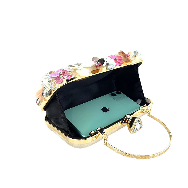 Women's Floral Embellished Clutch Bag – 3D Blooms & Crystal Detail